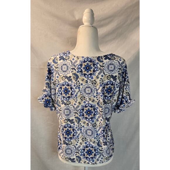 W5 Anthropologie Womens Blue Floral Eyelet Blouse Cottage Core Tie Front Top Med - Picture 4 of 8